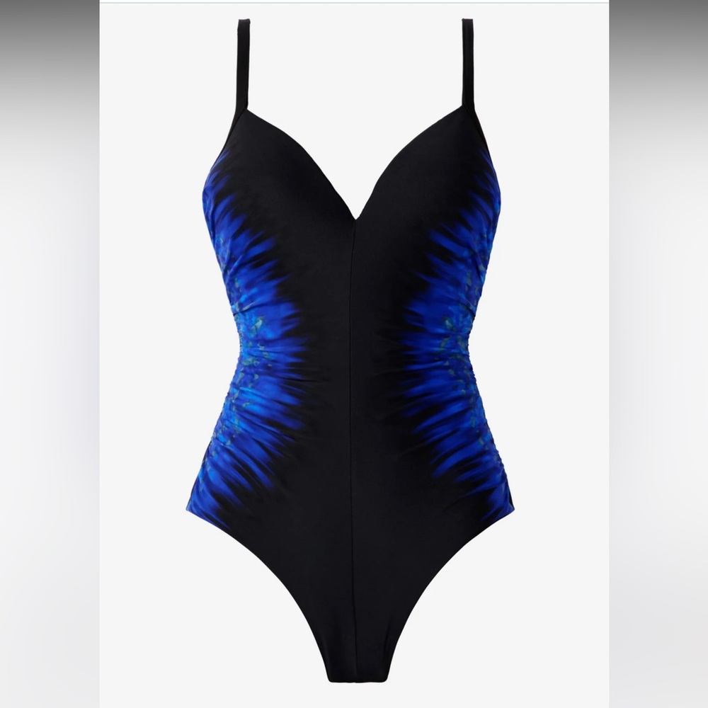NWT Miraclesuit Black One-Piece Swimsuit with Blue Side Burst